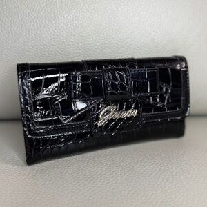 GUESS Black Croc-Embossed Tri-Fold Wallet